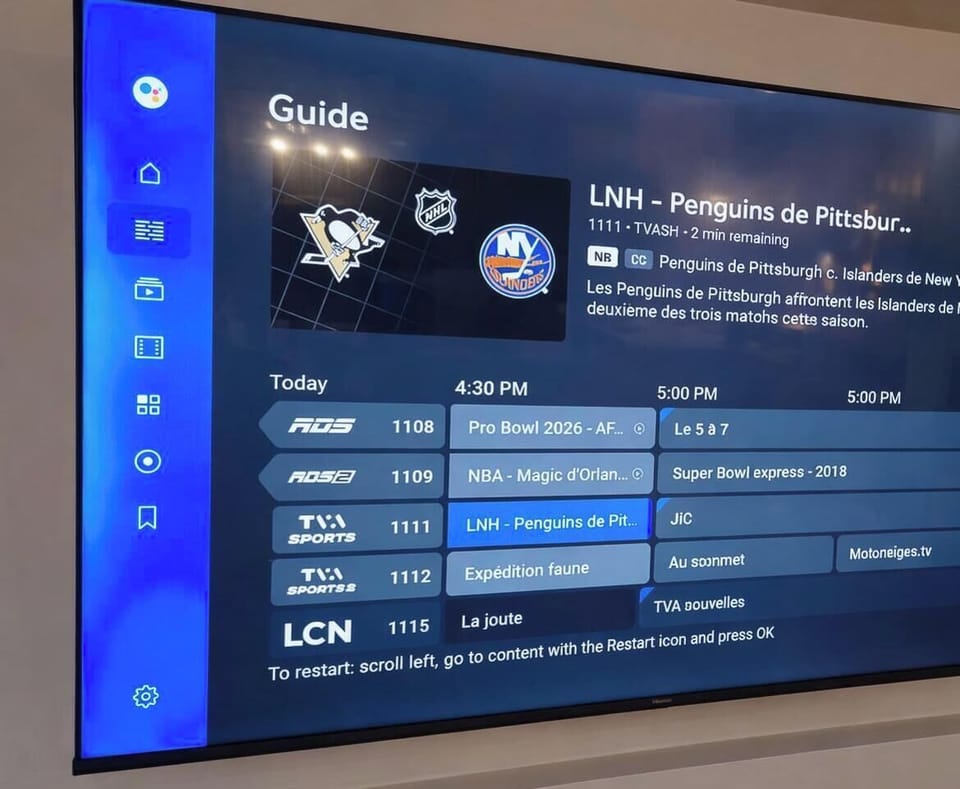 2 télévisions par câble de 65 pouces : Radio-Canada, Noovo... TVA Sports et RDS pour vos matchs de hockey préférés ;-)
