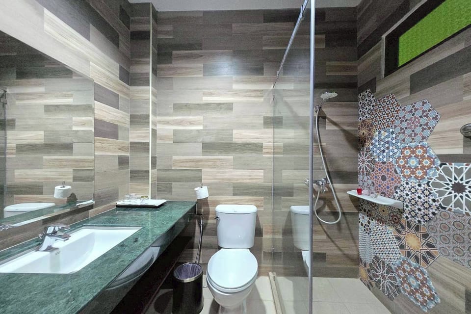 Shower, free toiletries, hair dryer, slippers