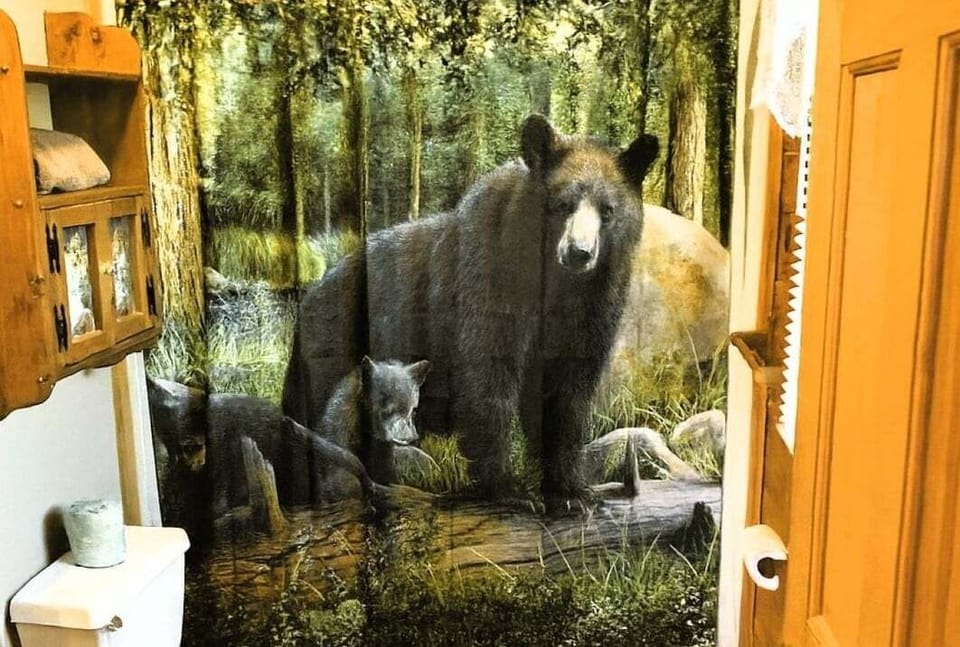 Charming bedroom featuring rustic bear mural wall art and cozy mountain décor at A Windy Ridge cabin in Wears Valley, Tennessee.