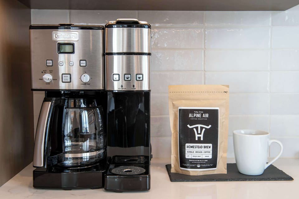 A proper coffee station stocked and ready — because mornings in the Tetons deserve a great cup before you head out the door to your next adventure.