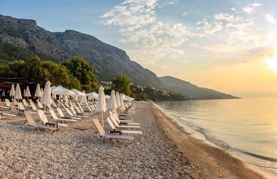 
Spectacular sunset views along Barbati Beach, just 500m away, where golden light reflects over the Ionian Sea and the dramatic Corfu coastline.