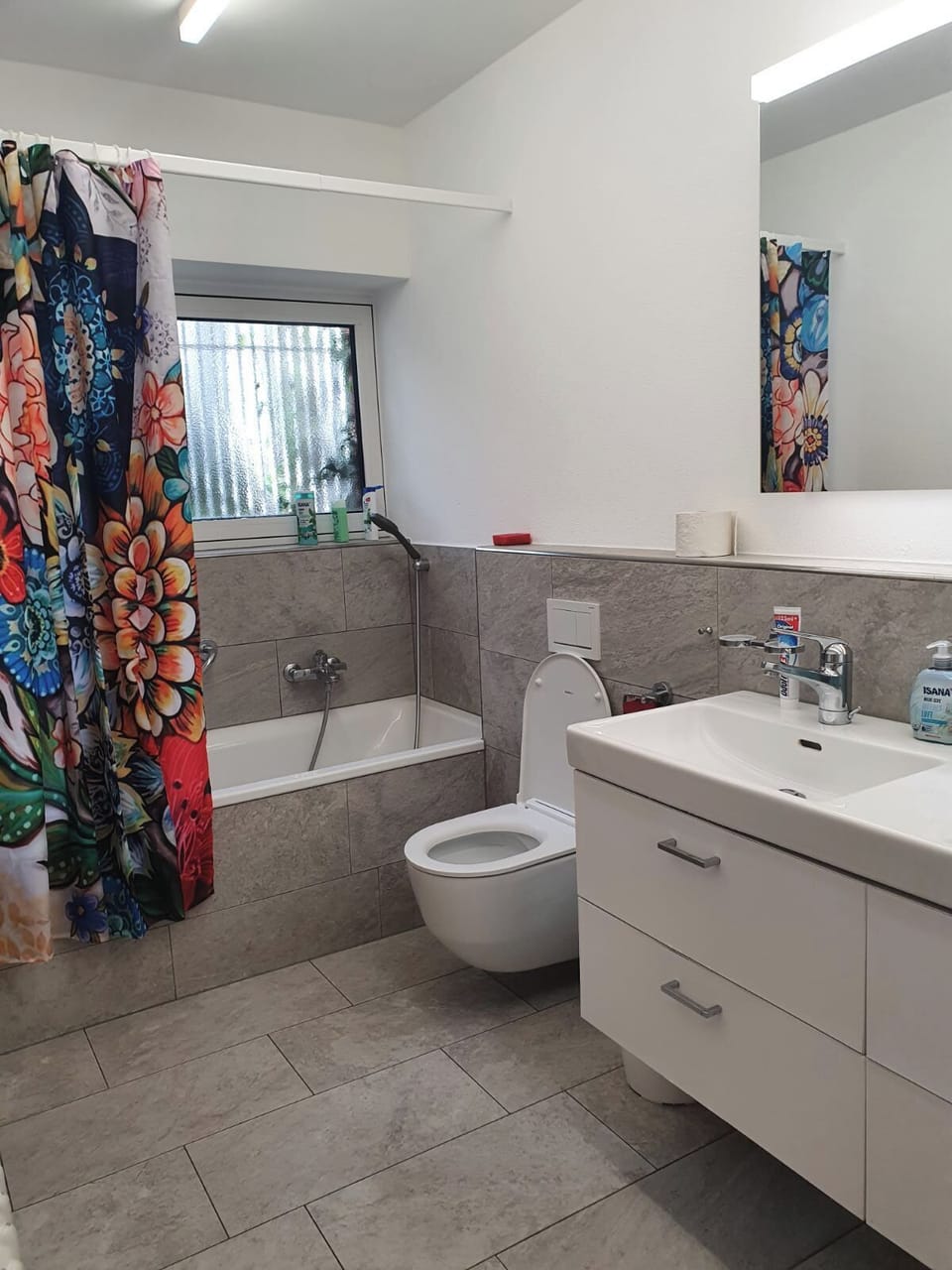 Hair dryer, slippers, towels, soap