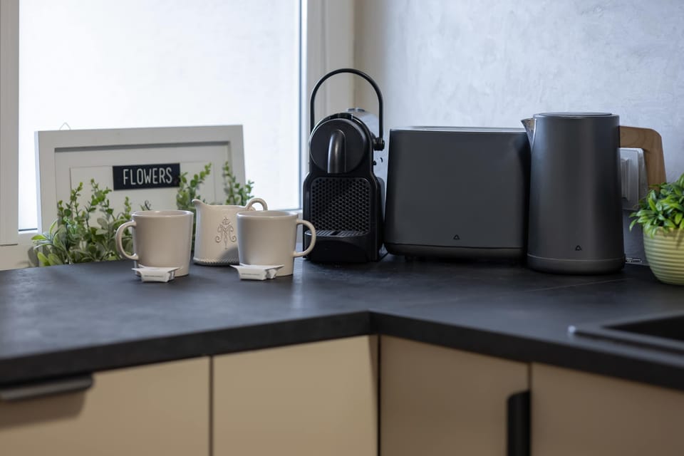 The kitchenette is designed to be practical and use space efficiently.
