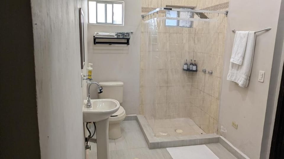 Shower, free toiletries, hair dryer, towels