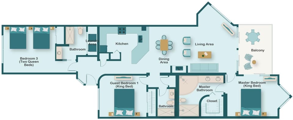 Beachfront condo floor plan for Jade East 420. 4th Floor, CORNER UNIT, 3 Bedroom & 3 Bathroom condo is spacious and updated with big bedrooms and bathrooms and a remodeled kitchen - come relax!