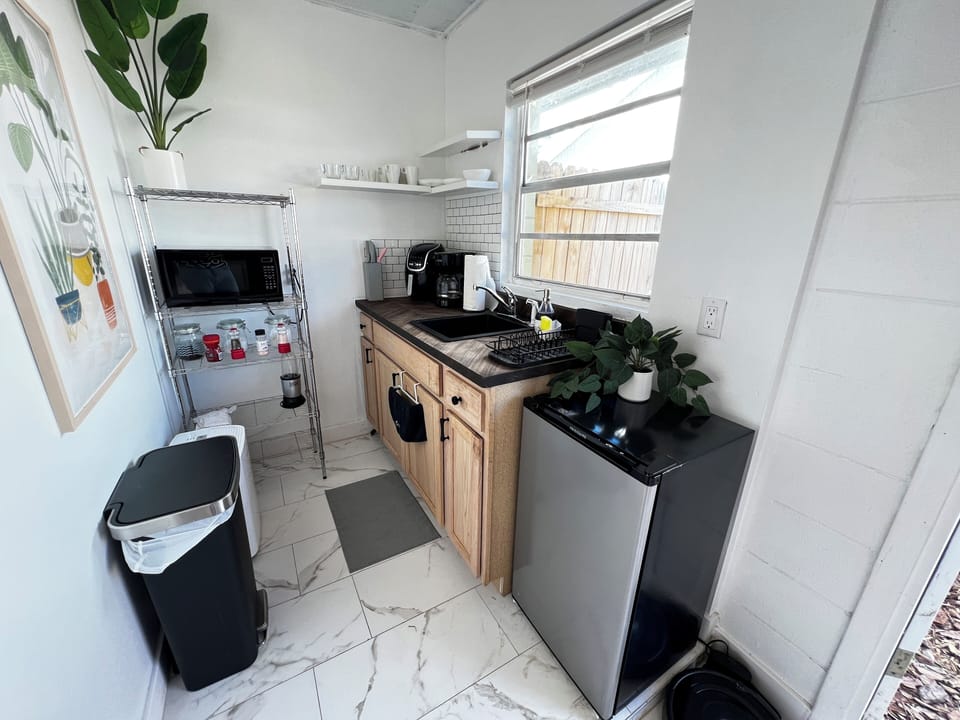 Compact kitchenette with microwave, sink, coffee maker & plant