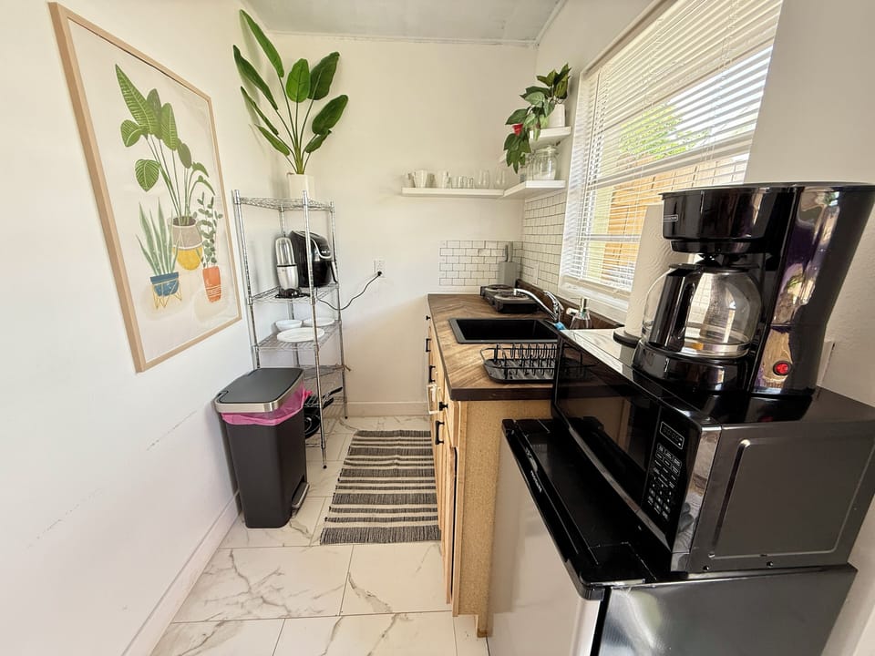Kitchenette with coffee maker, microwave, shelving & plant art