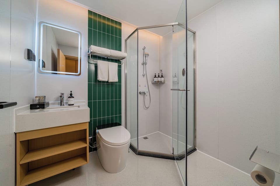 Shower, hair dryer, slippers, towels