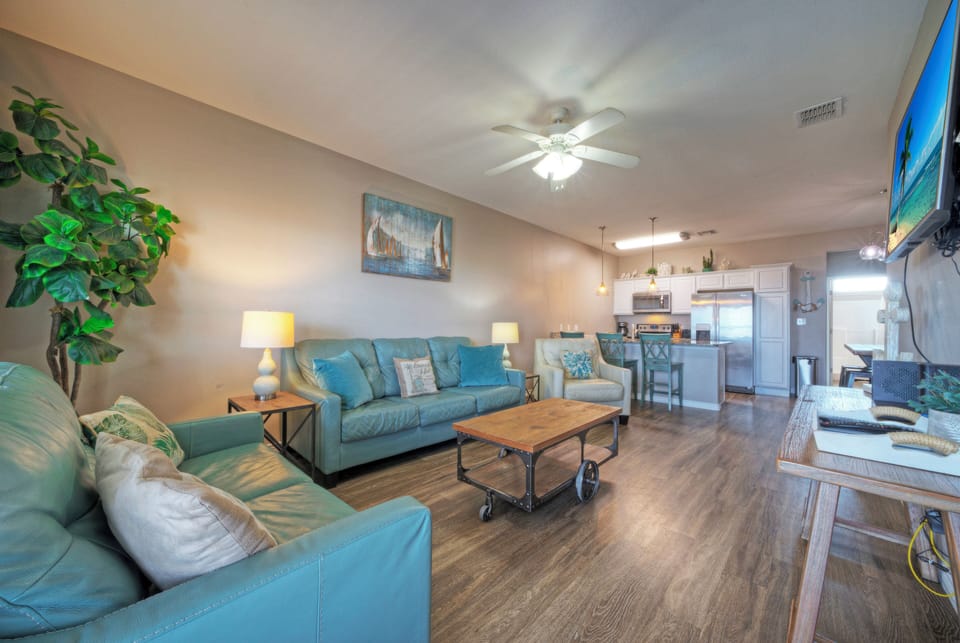 Cozy living room with a full-size sleeper sofa—perfect for extra guests and laid-back movie nights. 