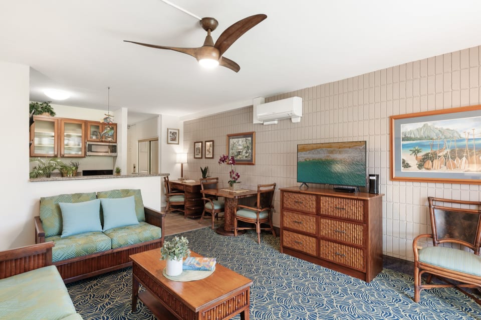 Inviting living room with woven furnishings and relaxed island-style décor.