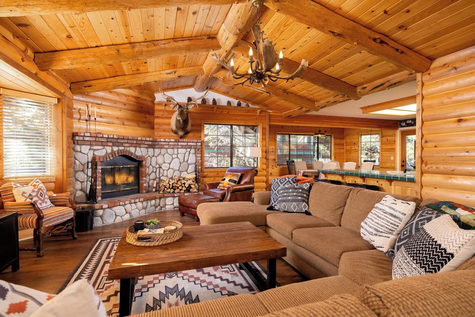 Open floor plan, comfy couch to relax around the fire
