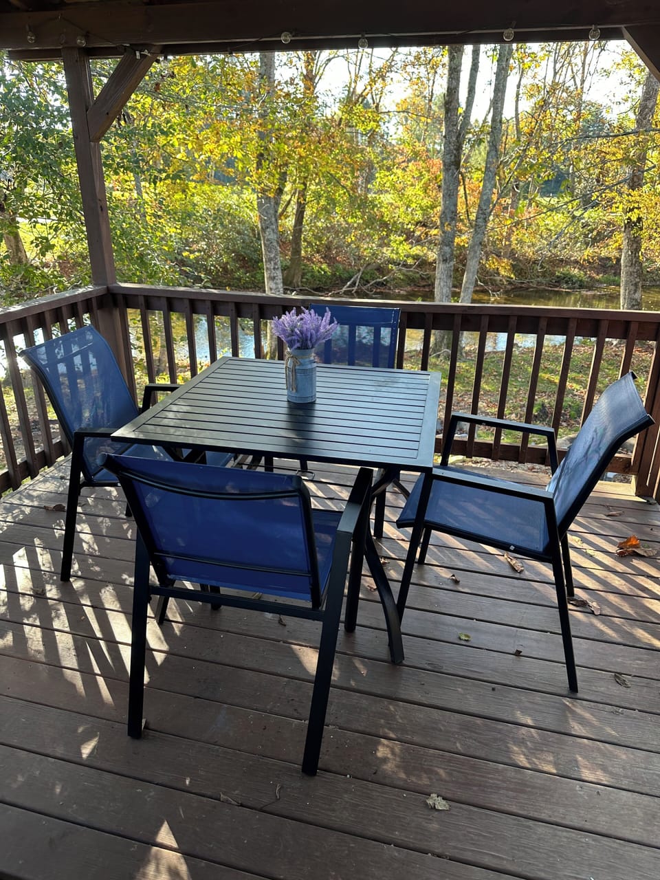 Dining/lounge area on the deck facing the river