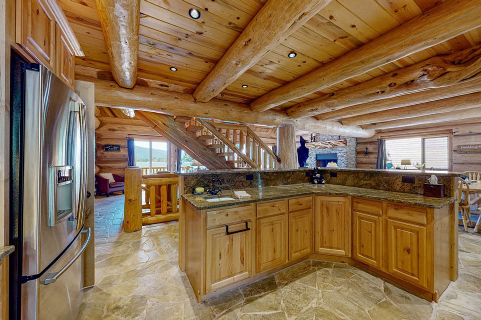 Main level: Gourmet kitchen and views of Lake Cascade