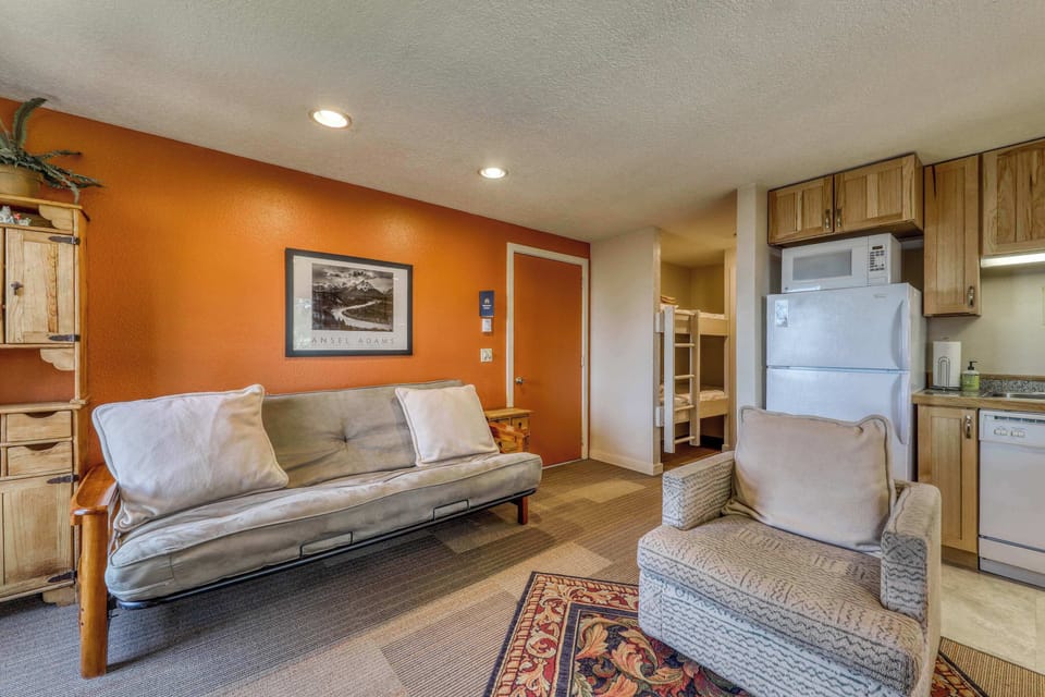 Living room with kitchen beyond
