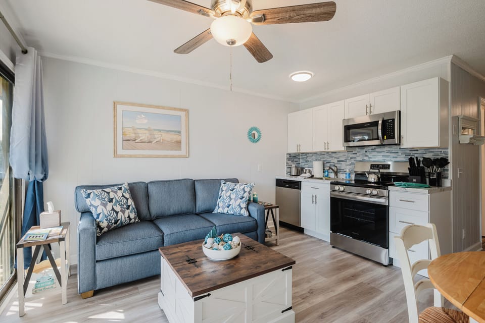 Enjoy brand-new furnishings including a queen sofa sleeper & kitchen appliances.