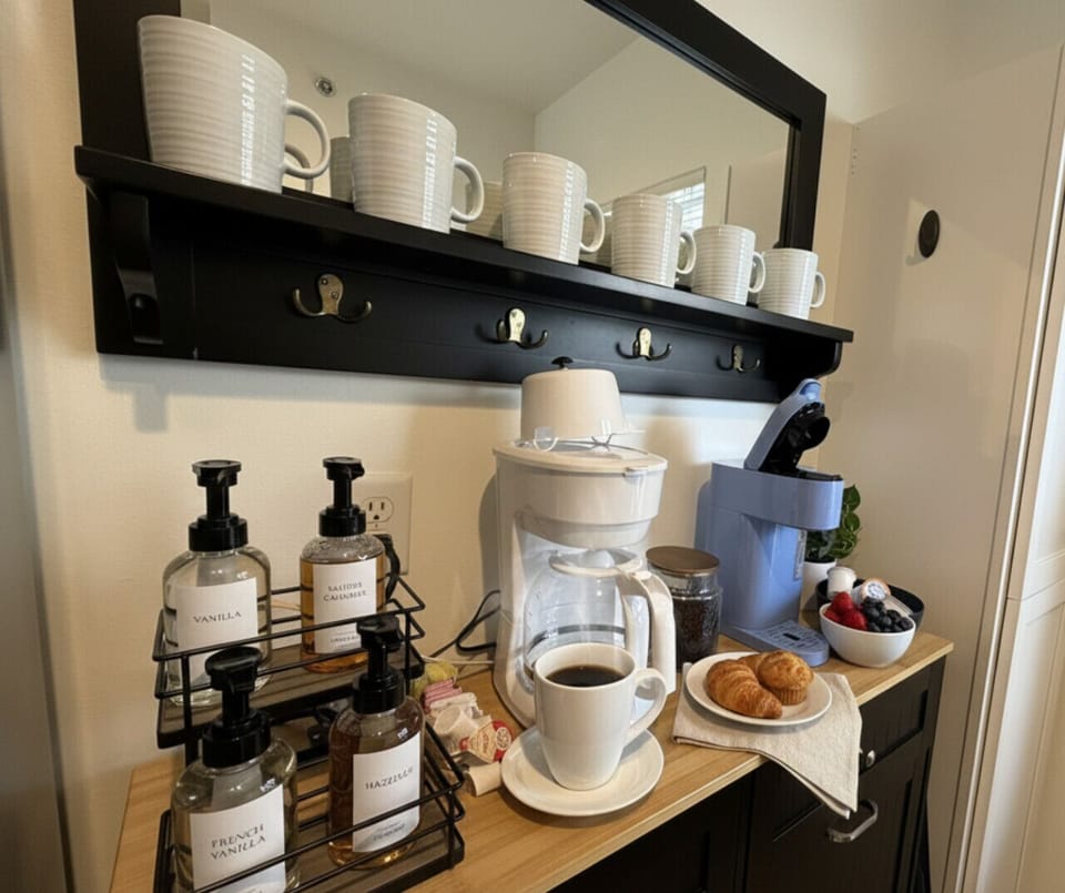 Charming coffee bar in this Lake of the Ozarks lakefront condo, fully stocked with coffee maker and essentials to start your perfect Ozarks vacation rental mornings.
