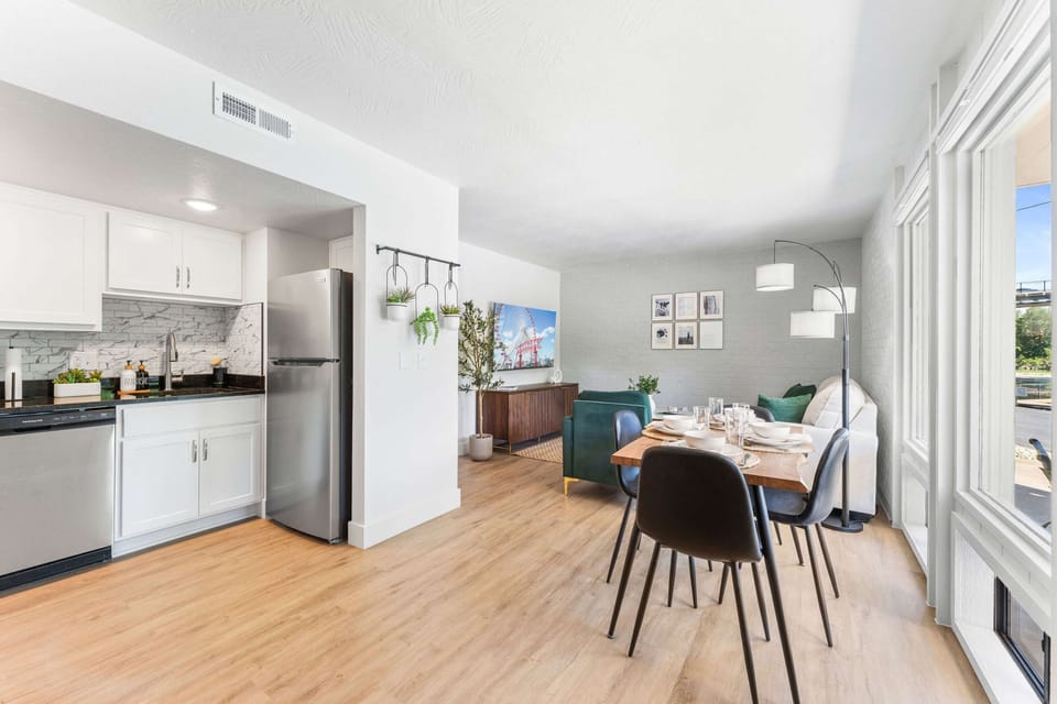 The open kitchen offers ample space & all the comforts of home​