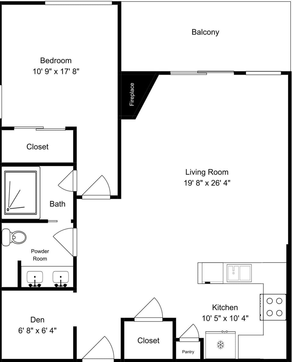 This detailed floor plan shows your one-bedroom vacation rental layout with spacious living room, full kitchen, den, and private balcony.