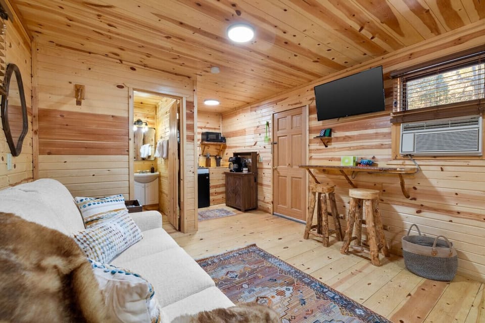 Bright, comfortable cabin living space with kitchenette and TV at Black Hills Bungalows, convenient lodging near Mount Rushmore and Rapid City in the Black Hills, South Dakota.