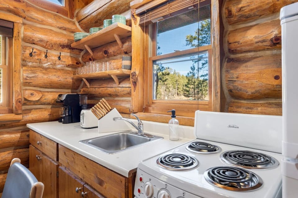 Cook with a view in the bright cabin kitchen featuring a stove, sink, and a sunny window looking out to the pines.