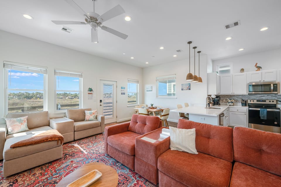 Large living area with views of the water