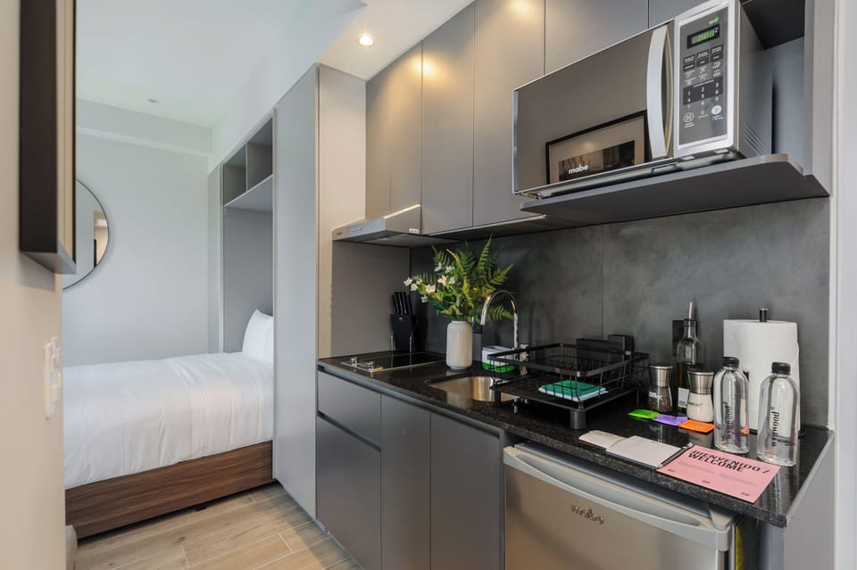 Apartment (LC) | Private kitchen | Microwave, stovetop, cookware/dishes/utensils