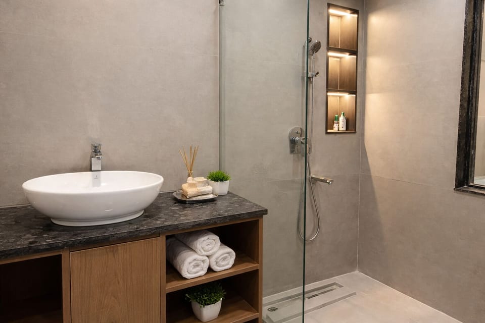 Shower, free toiletries, hair dryer, slippers