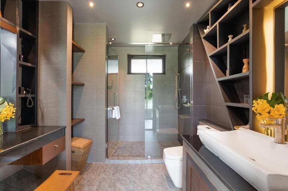 Bathtub, hair dryer, bidet, towels