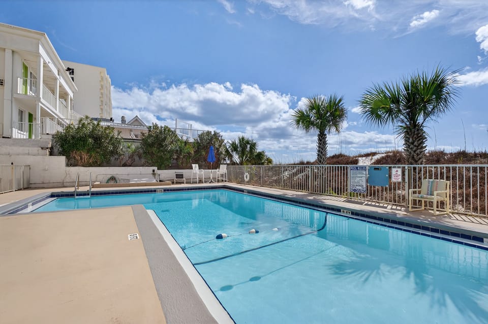 Beachside pool with palm views, sun loungers, and easy shore access