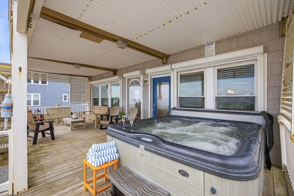 Covered Beach front Deck | Private Hot Tub & Lounge Seating
