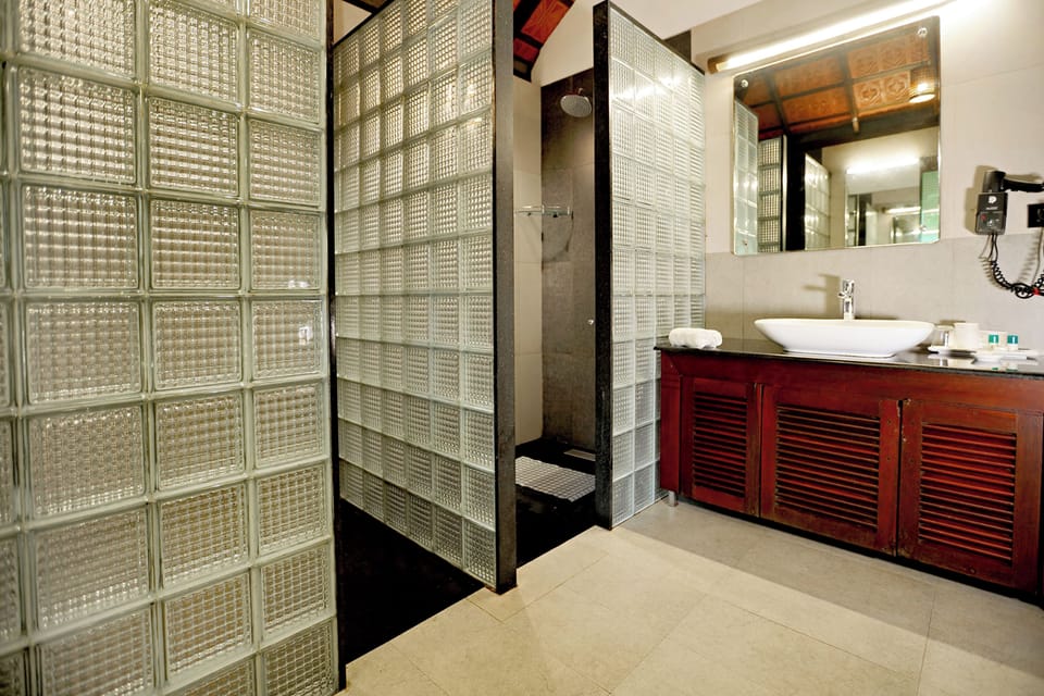 Combined shower/tub, free toiletries, hair dryer, bathrobes