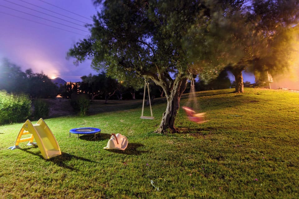 Garden at Night with Ambient Lighting and Open Lawn