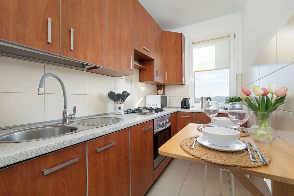 A modern kitchen is equipped with light brown cabinets, a stainless steel sink, and a black stove. Potted plants and kitchen utensils rest on the counter.