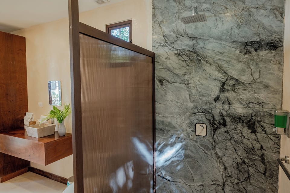 Shower, free toiletries, hair dryer, towels