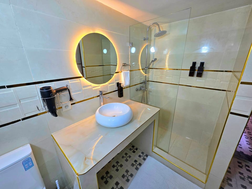 Deluxe Triple Room | Bathroom | Hair dryer, towels, soap, shampoo