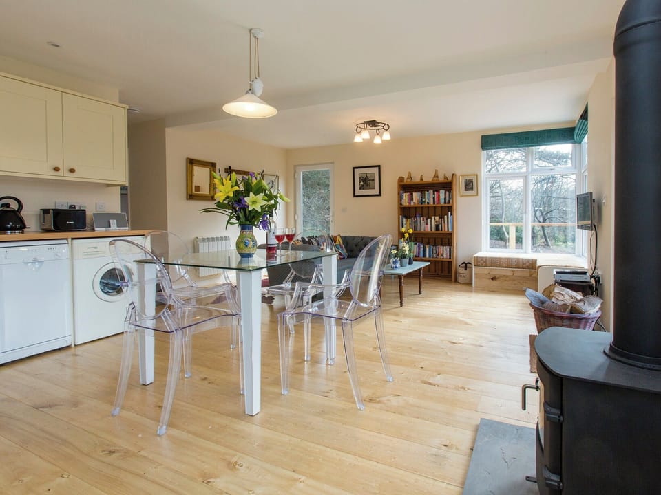 Wood burner in open-plan living space | The Retreat, Aldringham, near Aldeburgh