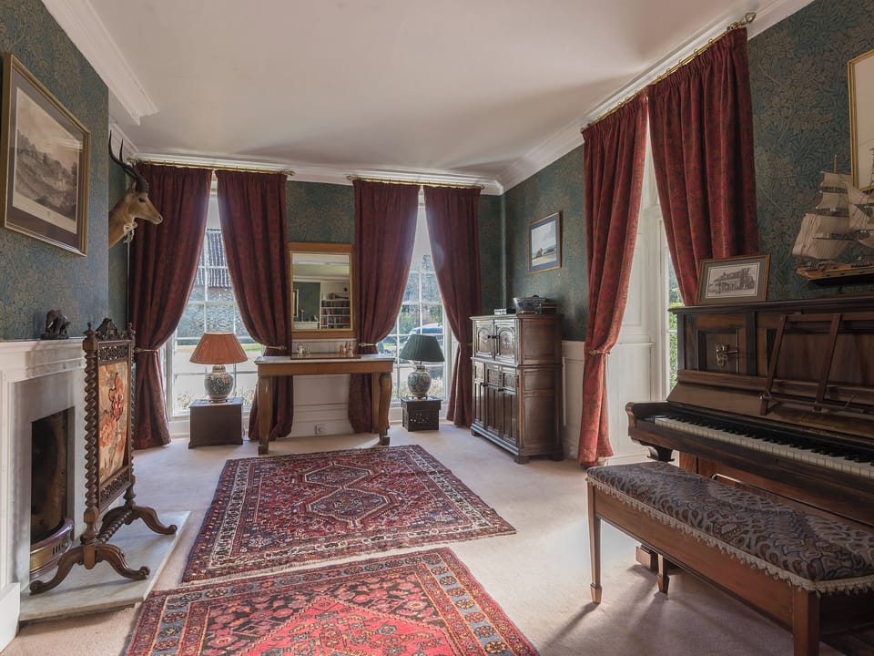 Drawing room with piano and open fire | The Sedgeford Hall (Main Hall and Theatre) - Sedgeford Hall Estate , Sedgeford, near Hunstanton