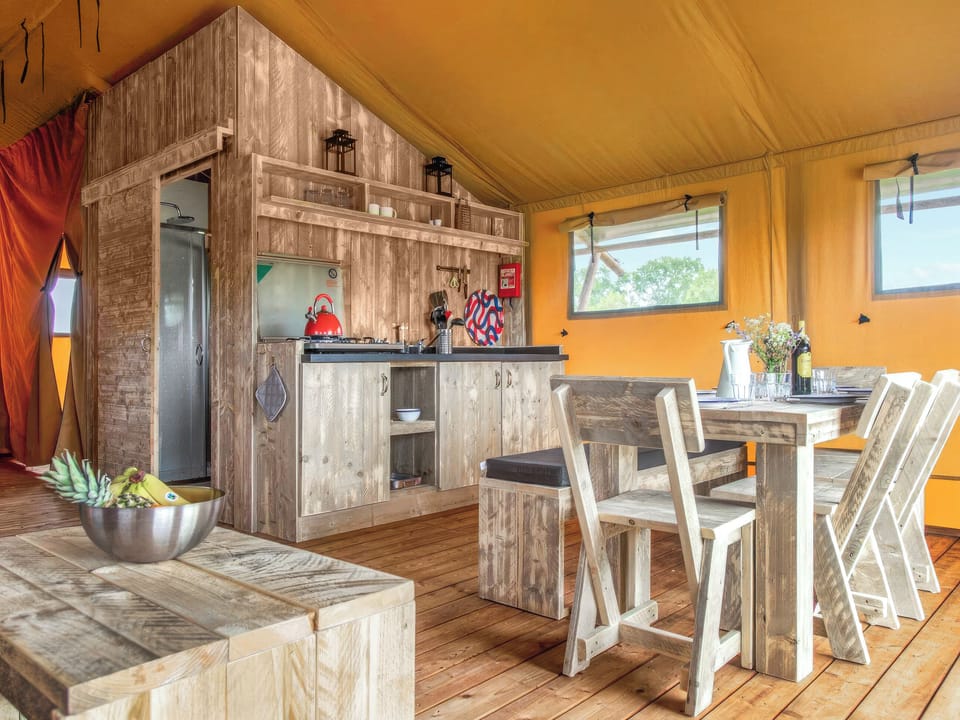 Kitchen/diner | Gambledown Farm - Cuckoo - Safari Tent - Gambledown Farm Safari Tents, Romsey