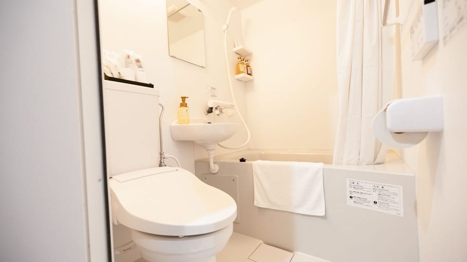 Hair dryer, bidet, towels, soap