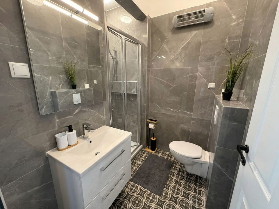 Basic Apartment | Bathroom | Shower, free toiletries, hair dryer, towels