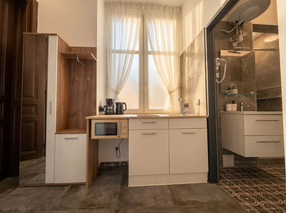 Basic Apartment | Private kitchen | Microwave, stovetop, cookware/dishes/utensils