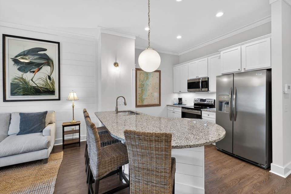 Kitchen with stainless steel appliances.