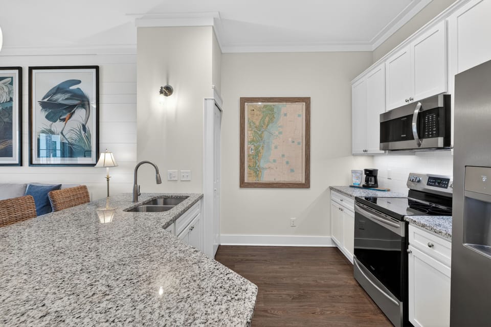 Kitchen with stainless steel appliances.