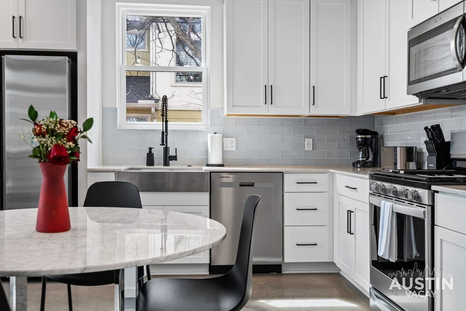 Morning coffee with a view and a farmhouse sink to match.