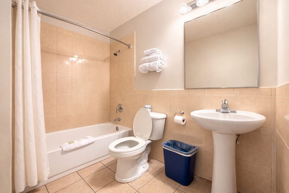 Bathtub, towels, soap, shampoo