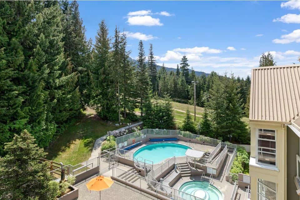 Picture sunny afternoons poolside surrounded by towering evergreens.