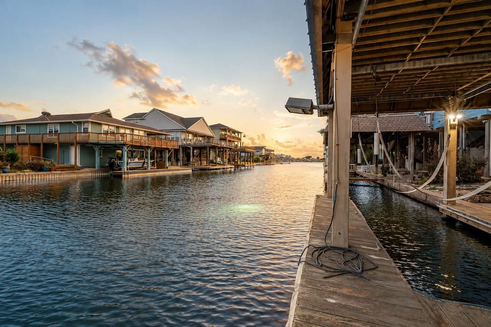 Scenic canal view beside the property's private dock, offering calm waterfront surroundings, boat access and relaxing sunset views in Galveston's Sea Isle community.