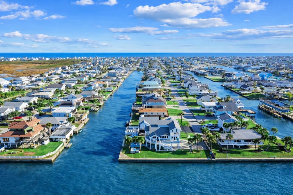 Drone aerial of West Bay waterfront neighborhood in Galveston with bayfront homes and boating access.