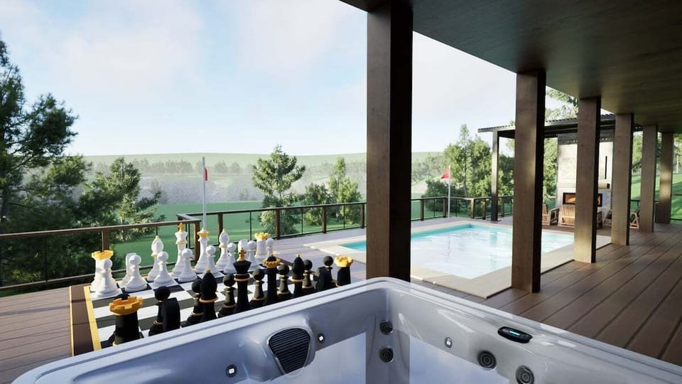 A rendering of a refined outdoor retreat showcasing elevated Smoky Mountain views from the hot tub, overlooking the oversized chess set, swim spa and private putt-putt green below. Will be finished by April 1st.