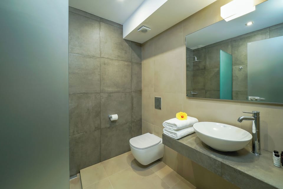 Family Apartment, Pool View | Bathroom | Shower, rainfall showerhead, designer toiletries, hair dryer